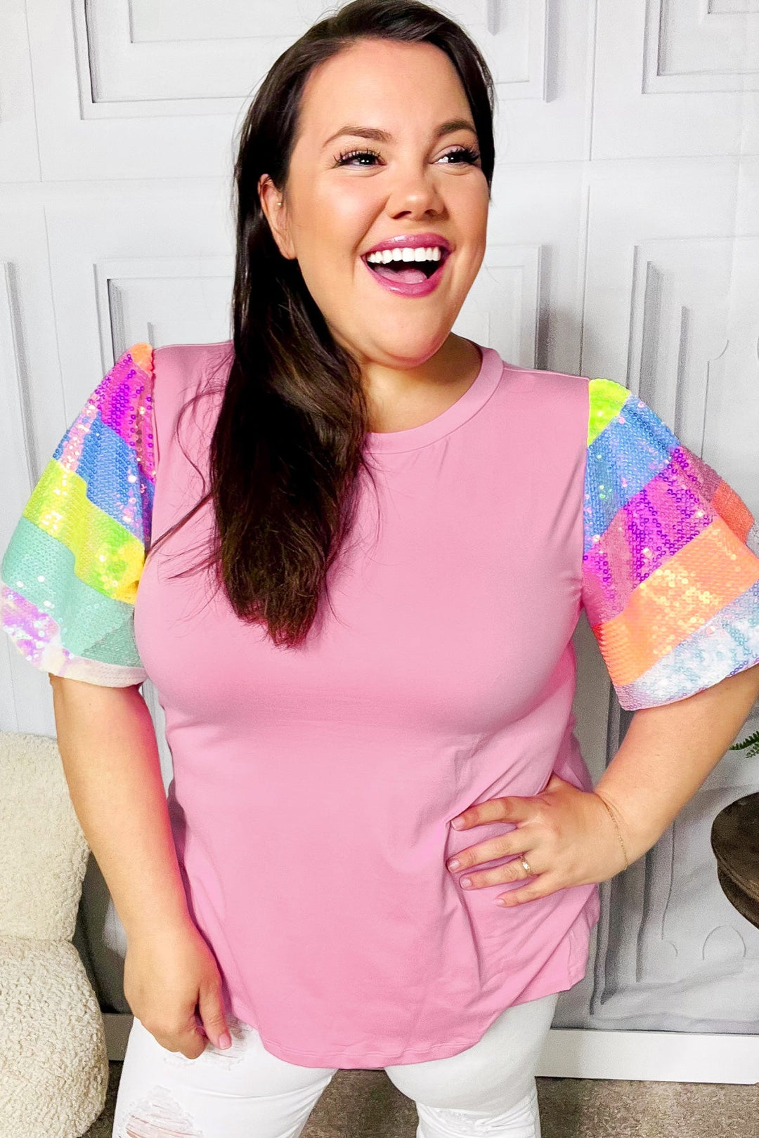 Stand Out Pink Rainbow Sequin Puff Sleeve Tops | Nikki &amp; Co. Boutique