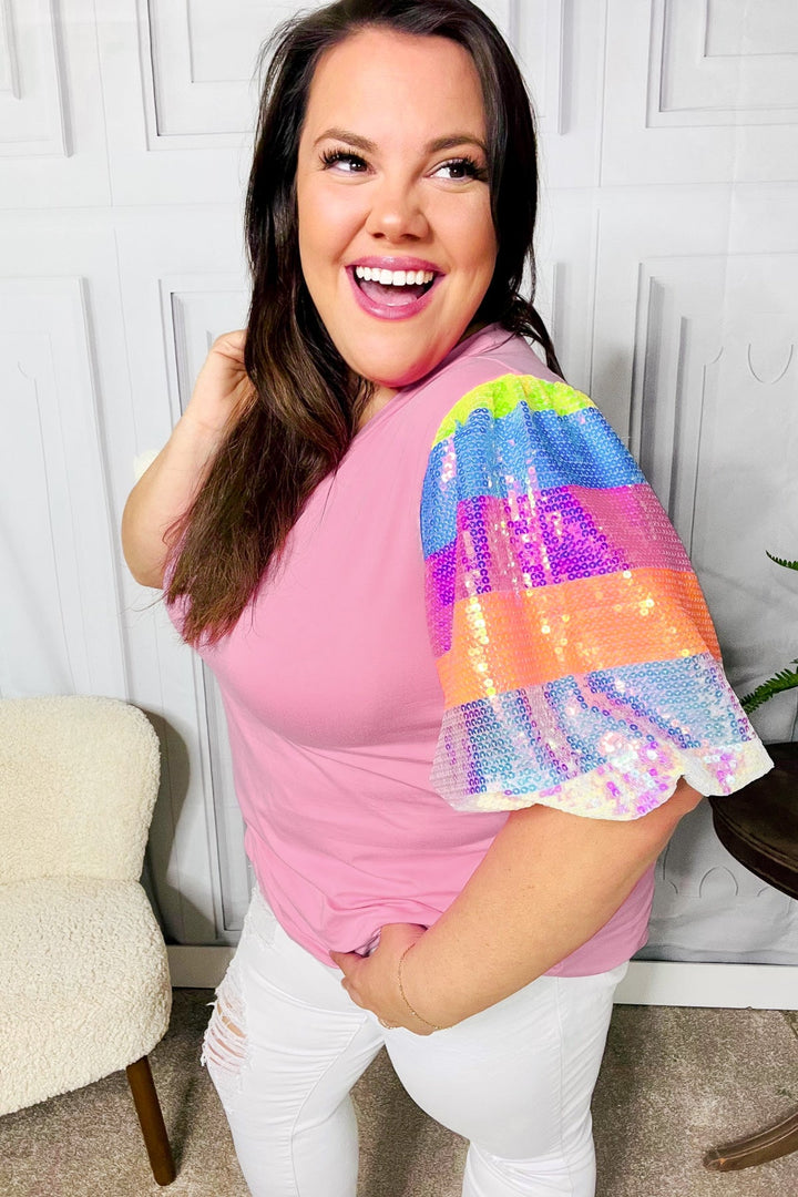 Stand Out Pink Rainbow Sequin Puff Sleeve Tops | Nikki &amp; Co. Boutique