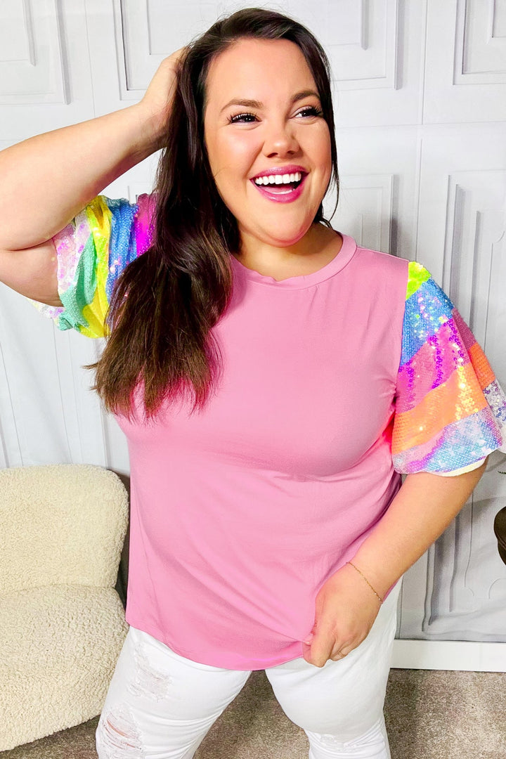 Stand Out Pink Rainbow Sequin Puff Sleeve Tops | Nikki &amp; Co. Boutique