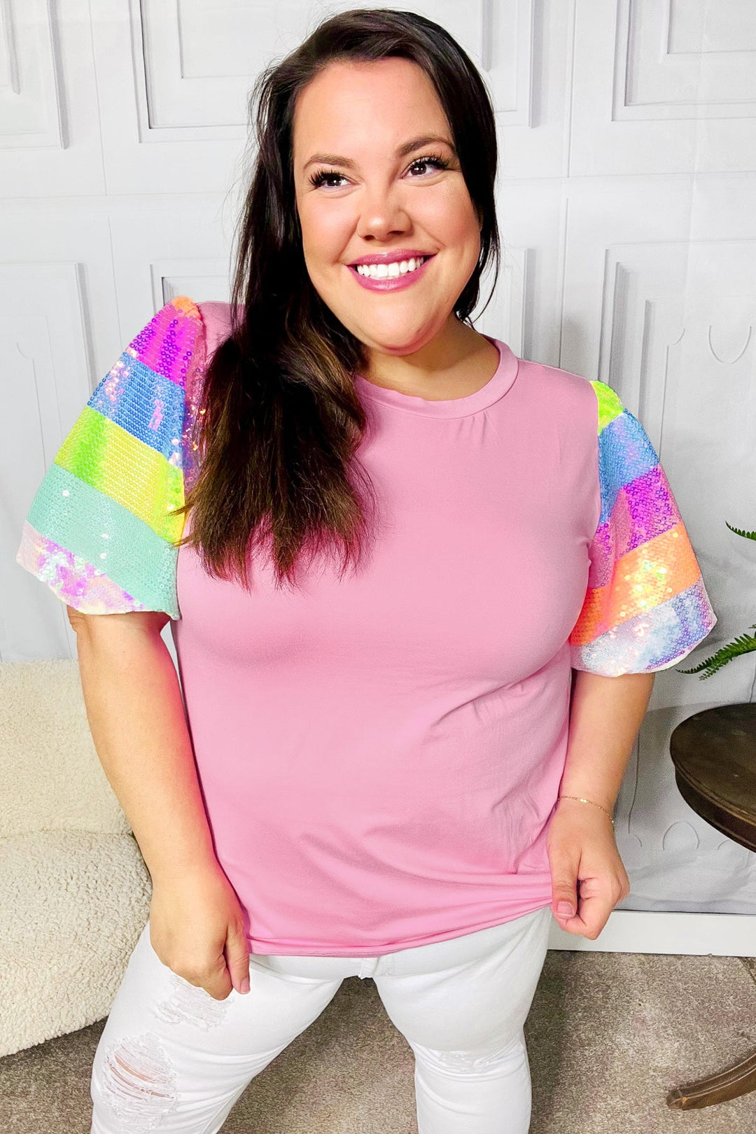 Stand Out Pink Rainbow Sequin Puff Sleeve Tops | Nikki &amp; Co. Boutique