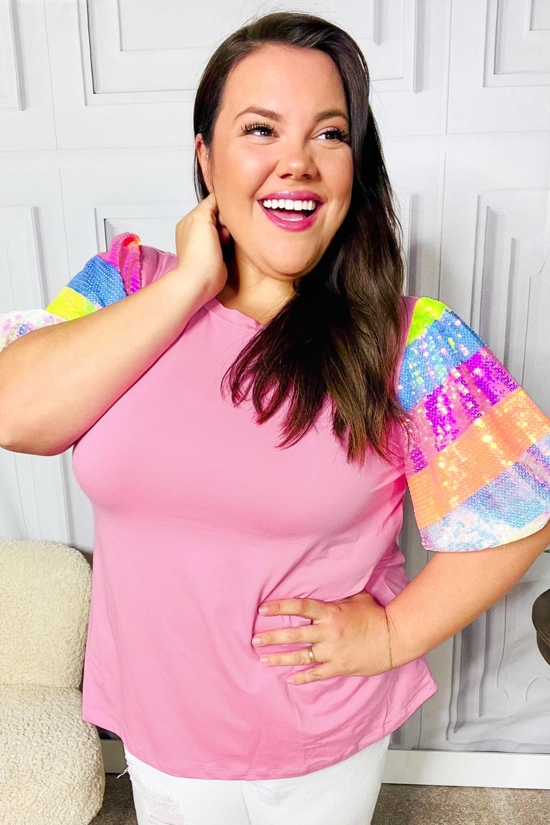 Stand Out Pink Rainbow Sequin Puff Sleeve Tops | Nikki &amp; Co. Boutique