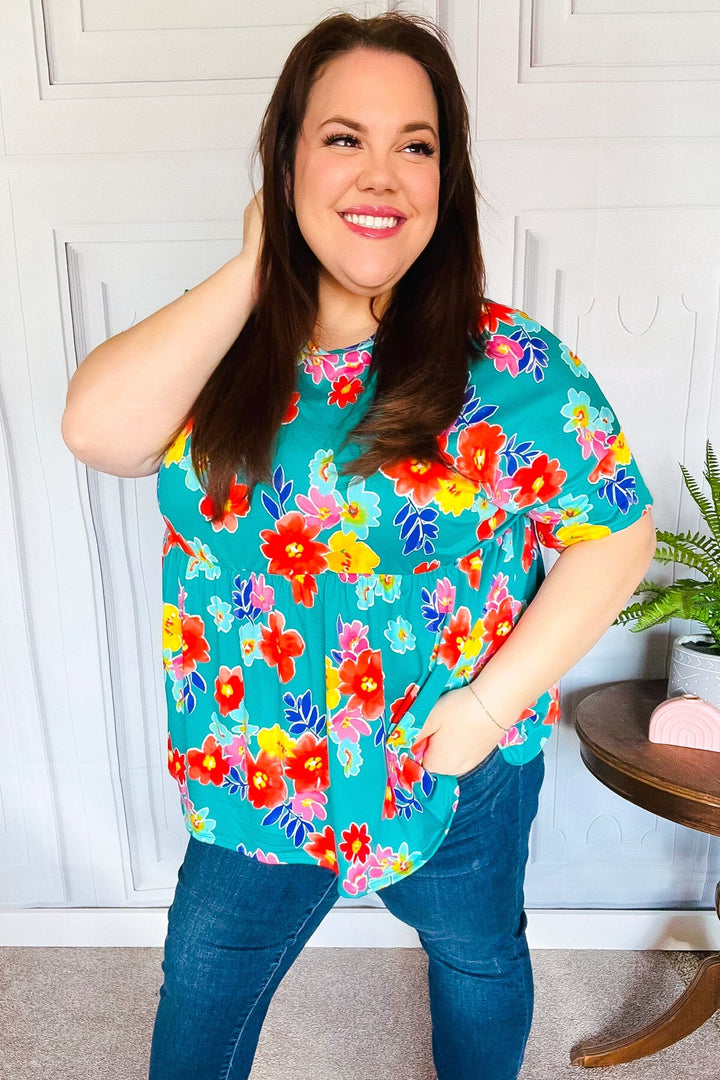 Take Me Away Teal Floral Drop Shoulder Babydoll Tops | Nikki &amp; Co. Boutique