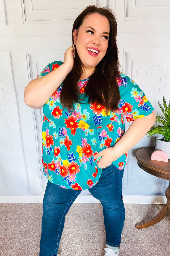 Take Me Away Teal Floral Drop Shoulder Babydoll Tops | Nikki &amp; Co. Boutique