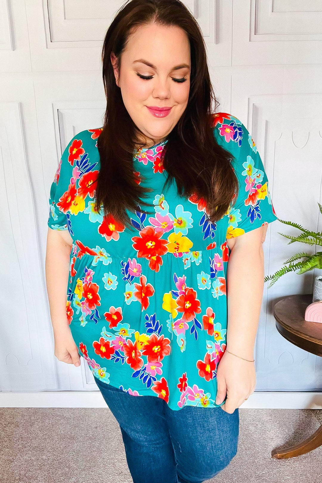 Take Me Away Teal Floral Drop Shoulder Babydoll Tops | Nikki &amp; Co. Boutique