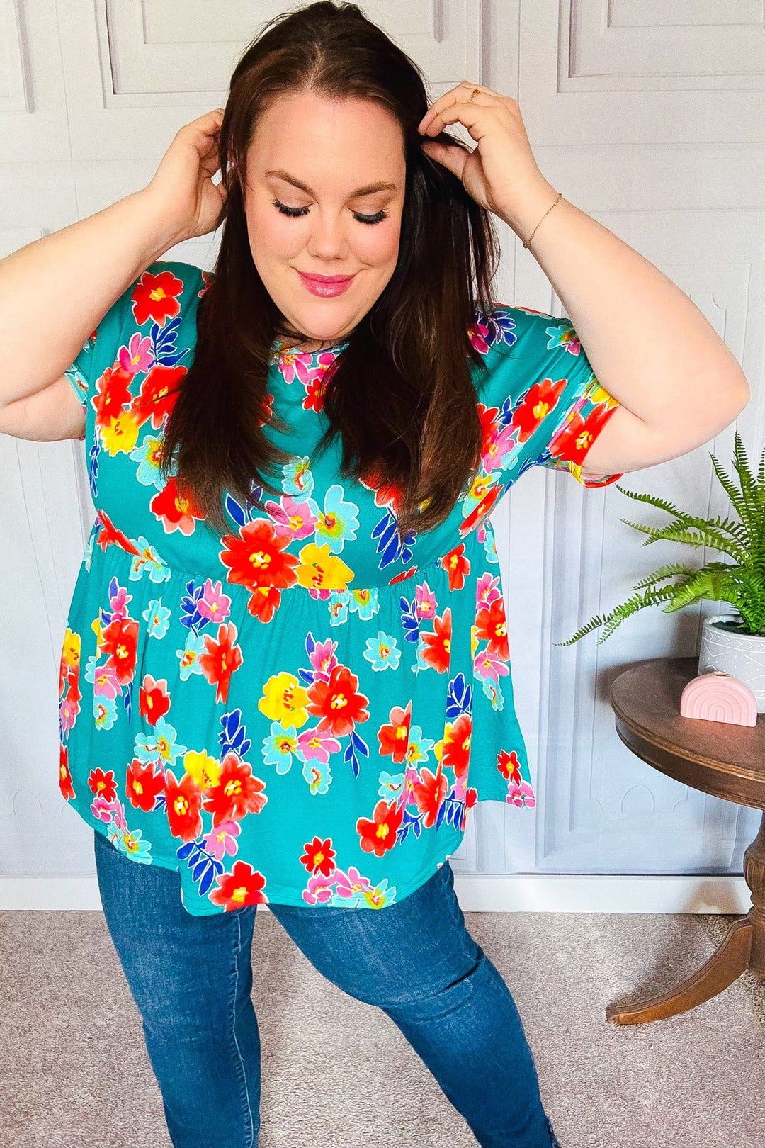 Take Me Away Teal Floral Drop Shoulder Babydoll Tops | Nikki &amp; Co. Boutique