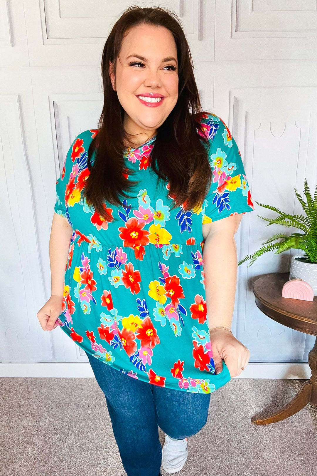 Take Me Away Teal Floral Drop Shoulder Babydoll Tops | Nikki &amp; Co. Boutique