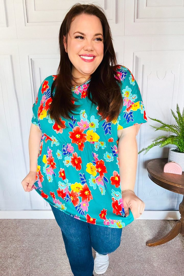 Take Me Away Teal Floral Drop Shoulder Babydoll Tops | Nikki &amp; Co. Boutique