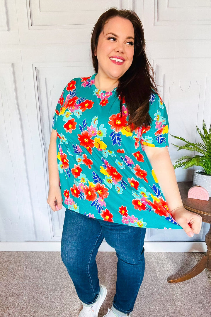 Take Me Away Teal Floral Drop Shoulder Babydoll Tops | Nikki &amp; Co. Boutique