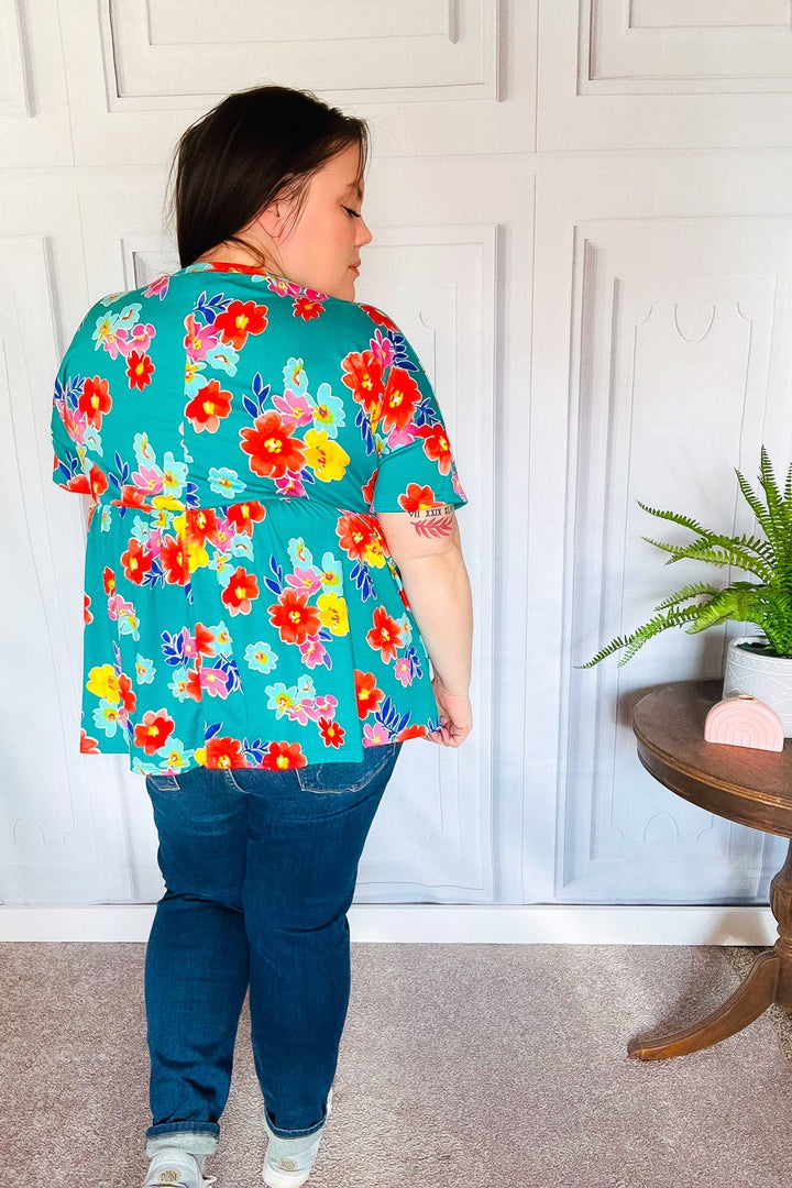 Take Me Away Teal Floral Drop Shoulder Babydoll Tops | Nikki &amp; Co. Boutique