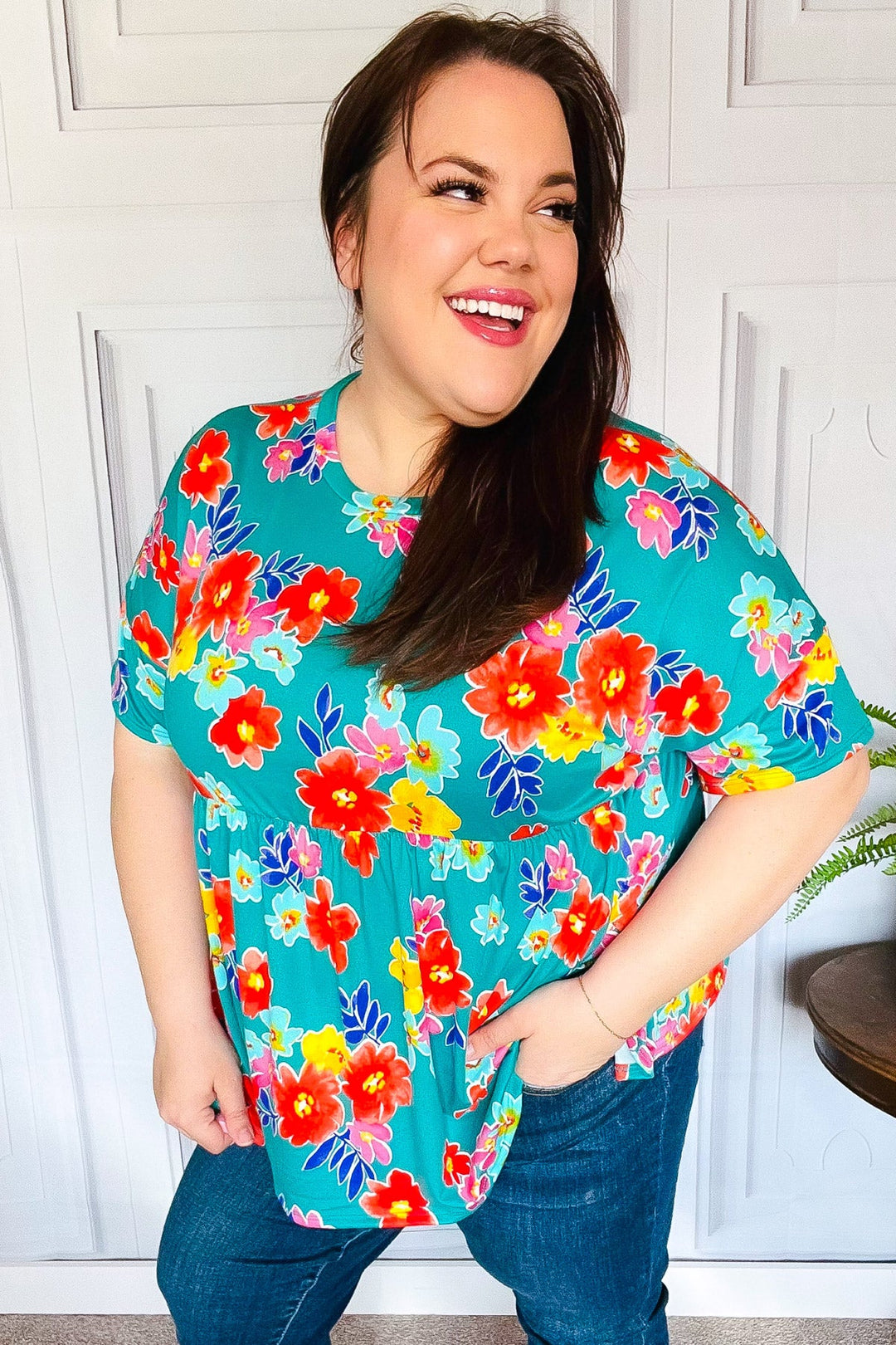 Take Me Away Teal Floral Drop Shoulder Babydoll Tops | Nikki &amp; Co. Boutique
