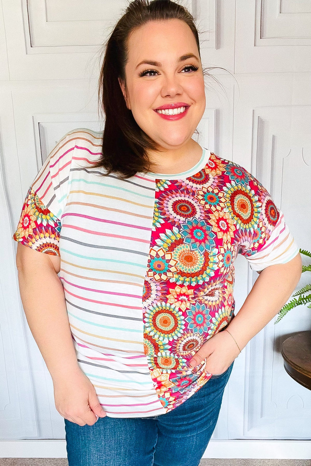 Always Fun Ivory &amp; Fuchsia Stripe and Crochet Print Tops | Nikki &amp; Co. Boutique