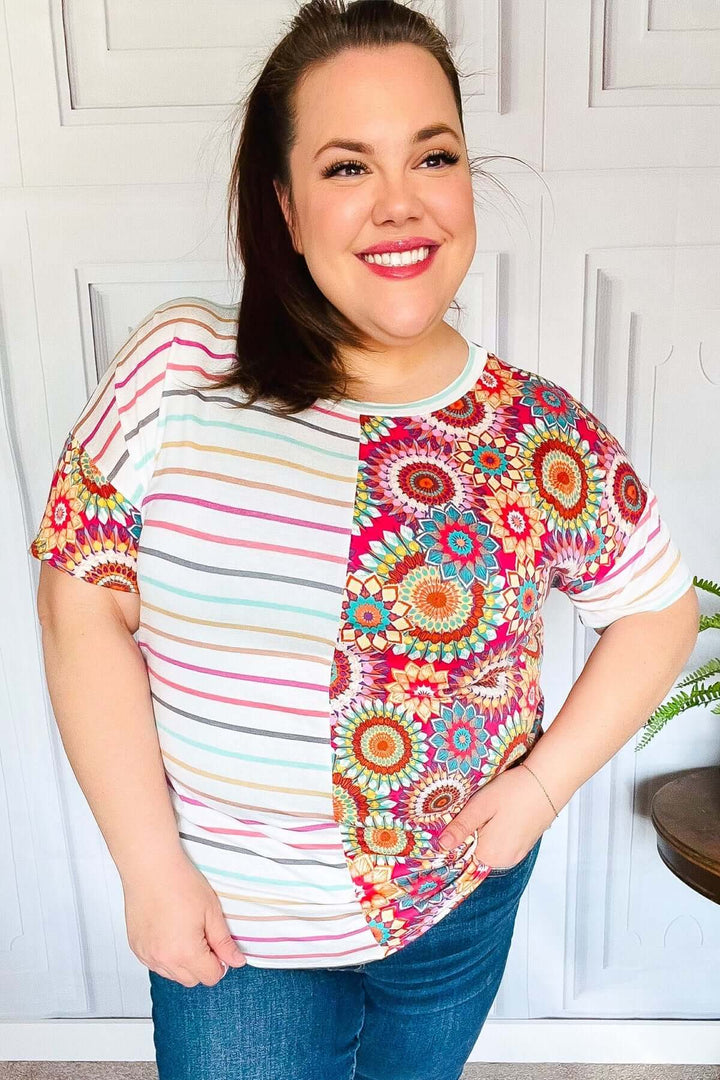 Always Fun Ivory &amp; Fuchsia Stripe and Crochet Print Tops - Nikki &amp; Co. Boutique