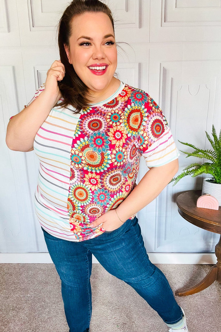 Always Fun Ivory &amp; Fuchsia Stripe and Crochet Print Tops | Nikki &amp; Co. Boutique