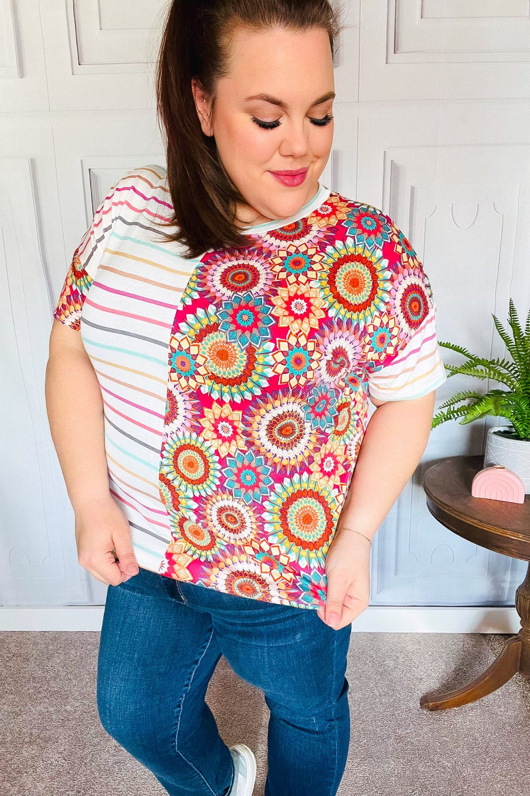 Always Fun Ivory &amp; Fuchsia Stripe and Crochet Print Tops | Nikki &amp; Co. Boutique
