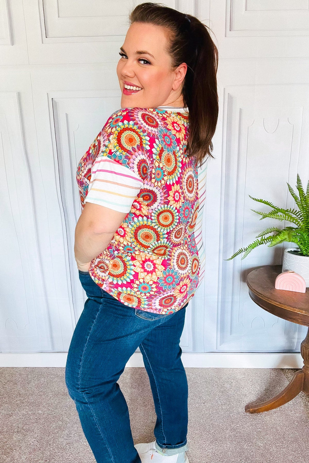 Always Fun Ivory &amp; Fuchsia Stripe and Crochet Print Tops | Nikki &amp; Co. Boutique