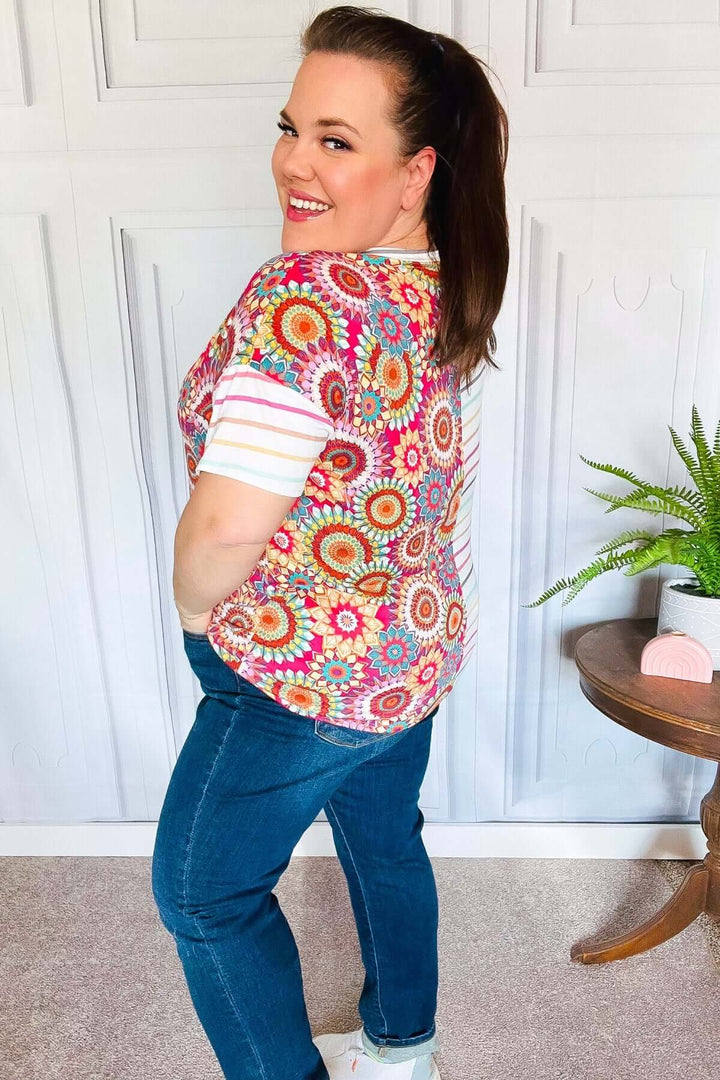 Always Fun Ivory &amp; Fuchsia Stripe and Crochet Print Tops - Nikki &amp; Co. Boutique