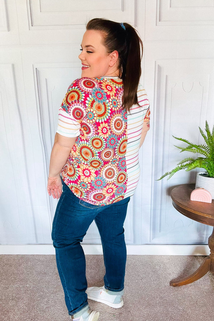 Always Fun Ivory &amp; Fuchsia Stripe and Crochet Print Tops | Nikki &amp; Co. Boutique