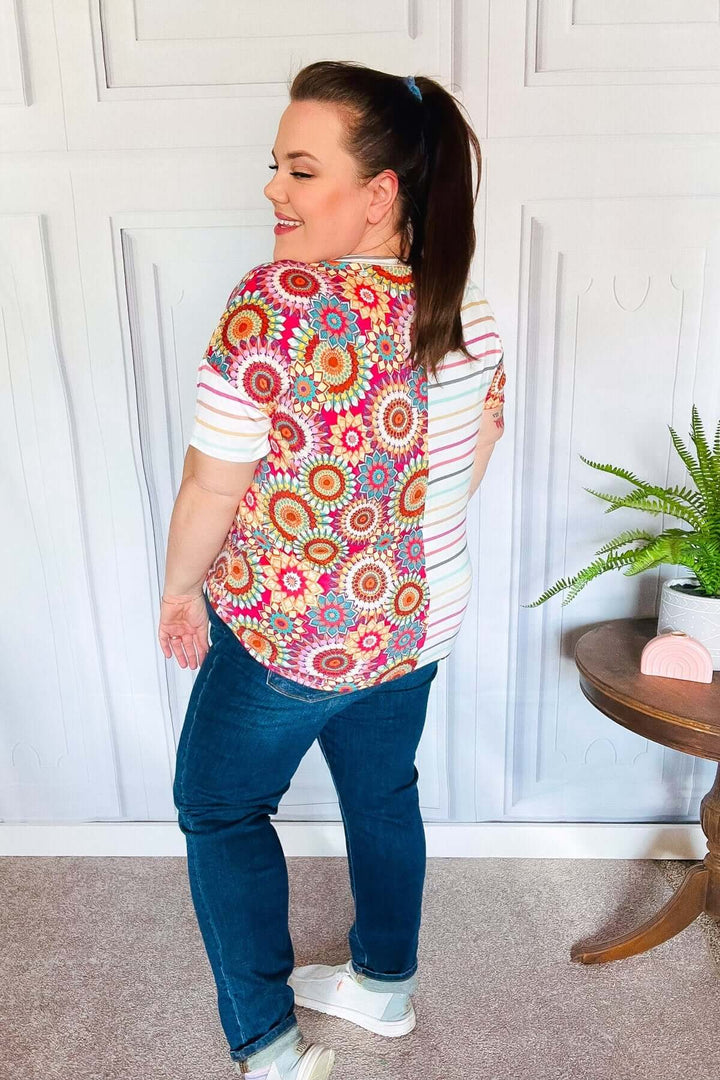 Always Fun Ivory &amp; Fuchsia Stripe and Crochet Print Tops - Nikki &amp; Co. Boutique