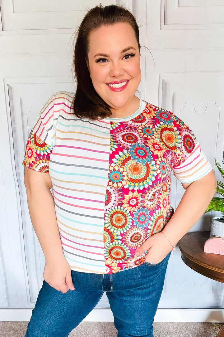 Always Fun Ivory &amp; Fuchsia Stripe and Crochet Print Tops | Nikki &amp; Co. Boutique