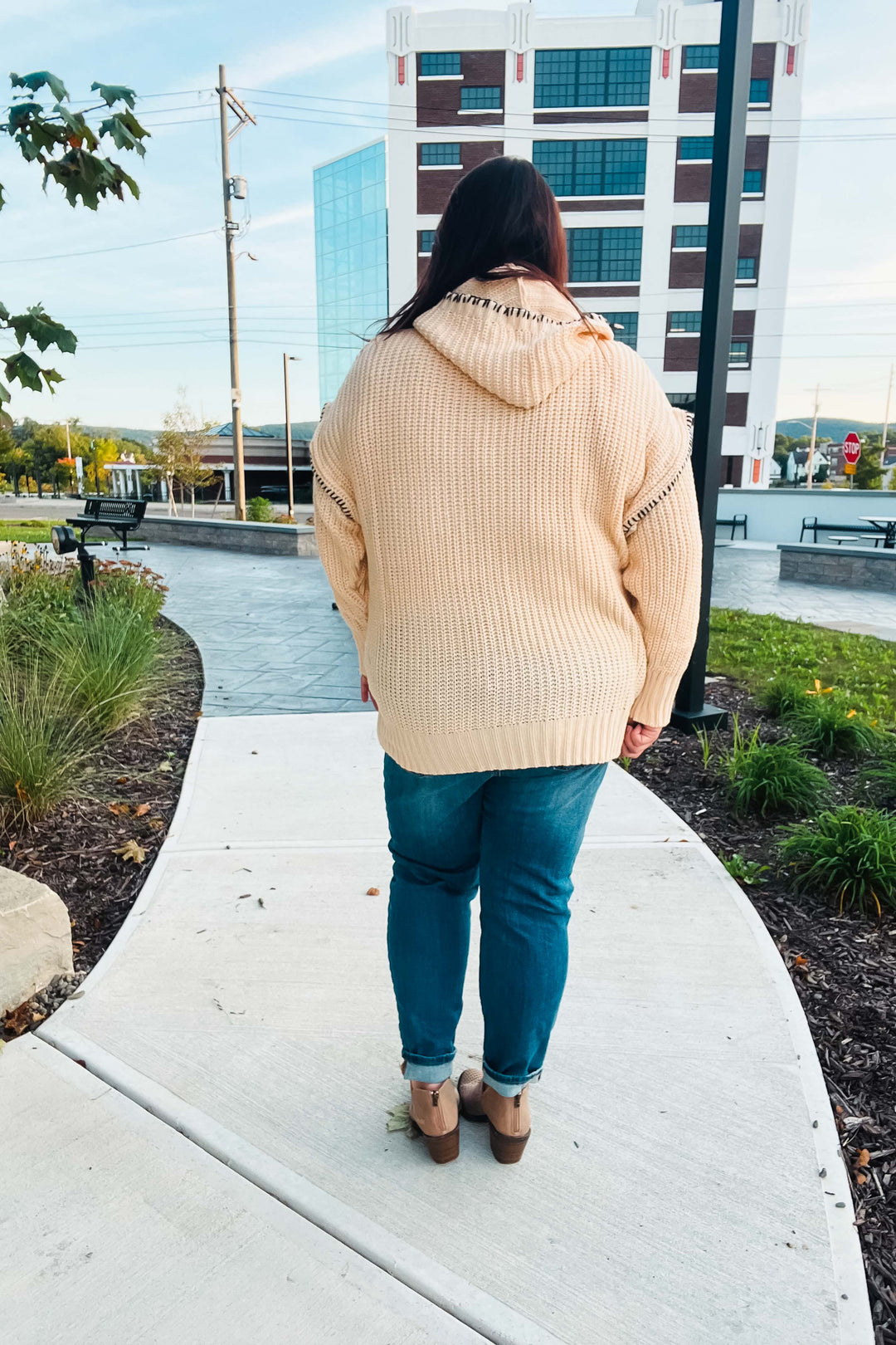 The Perfect Day Oatmeal Notched Neck Contrast Stitch Knit Hoodie | Nikki &amp; Co. Boutique