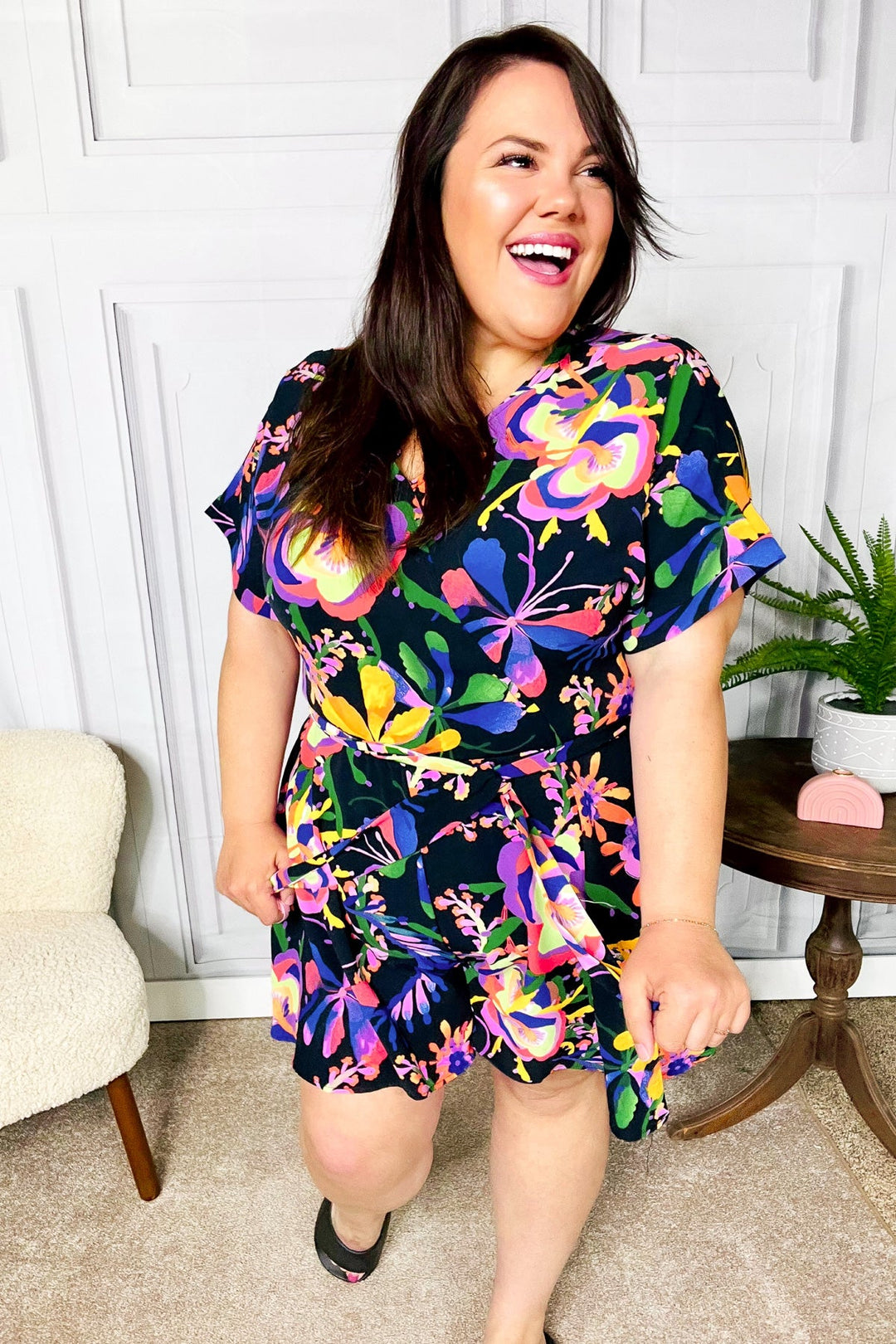 Live For Today Black Floral Surplice Woven Romper | Nikki &amp; Co. Boutique