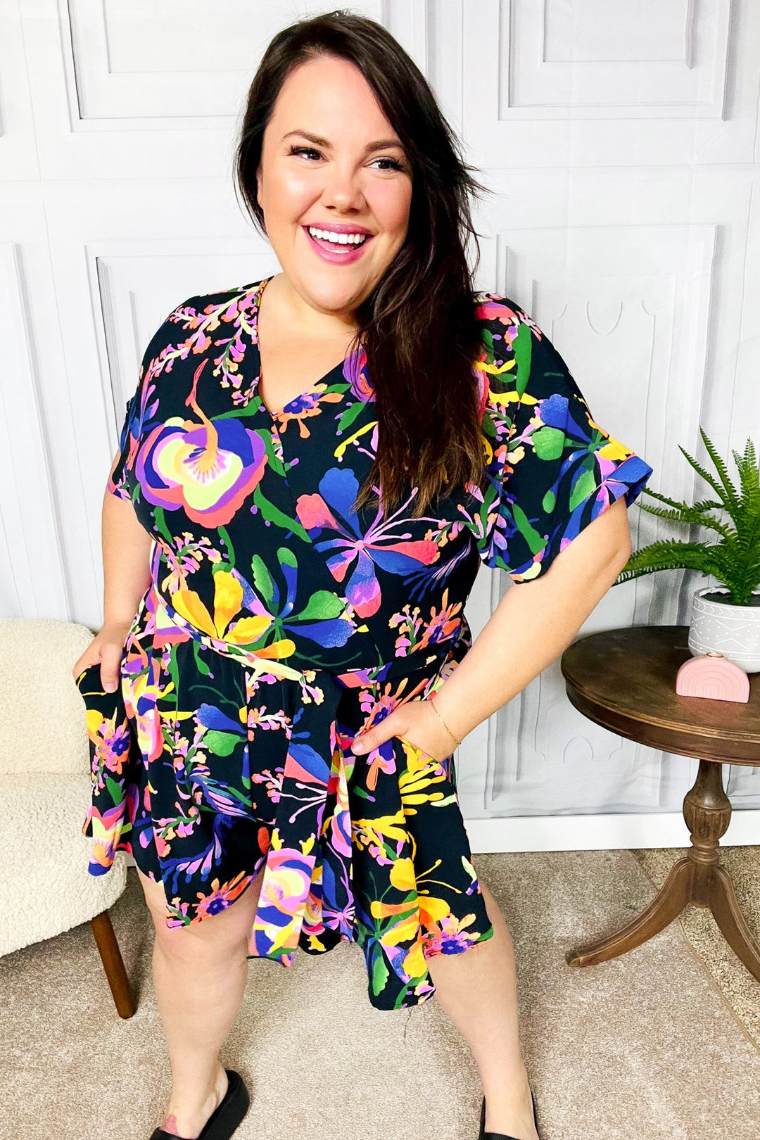 Live For Today Black Floral Surplice Woven Romper | Nikki &amp; Co. Boutique