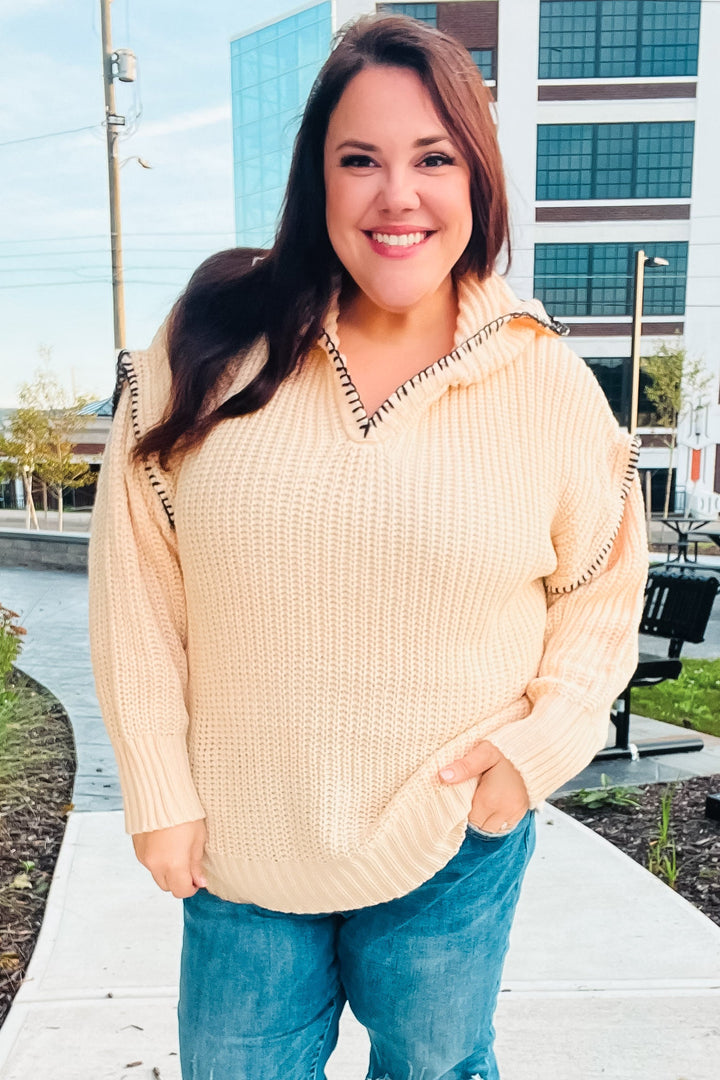 The Perfect Day Oatmeal Notched Neck Contrast Stitch Knit Hoodie | Nikki &amp; Co. Boutique