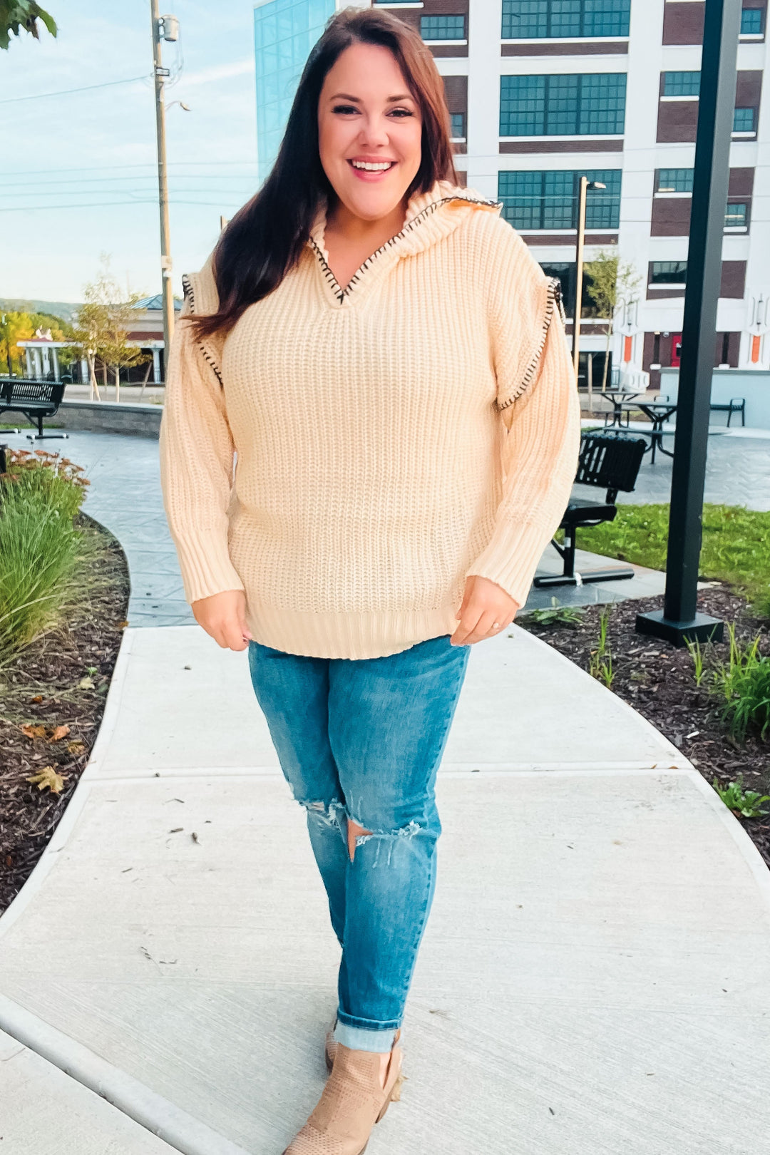 The Perfect Day Oatmeal Notched Neck Contrast Stitch Knit Hoodie | Nikki &amp; Co. Boutique