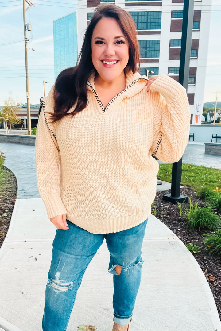 The Perfect Day Oatmeal Notched Neck Contrast Stitch Knit Hoodie | Nikki &amp; Co. Boutique