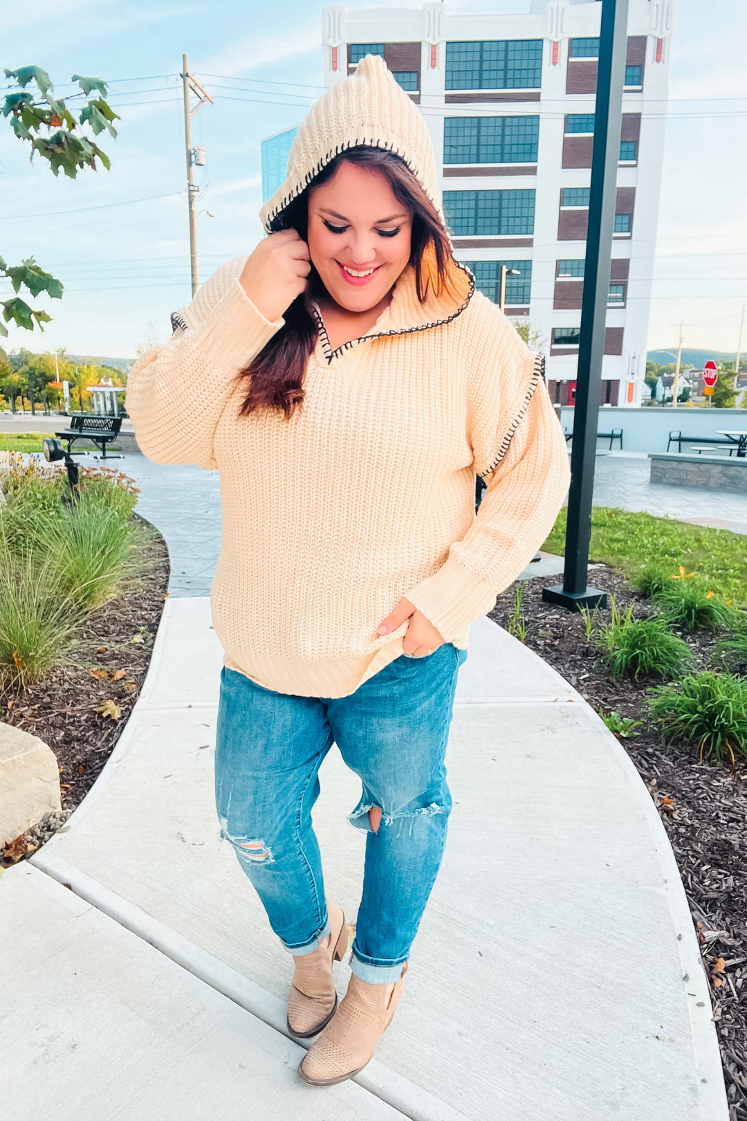 The Perfect Day Oatmeal Notched Neck Contrast Stitch Knit Hoodie | Nikki &amp; Co. Boutique