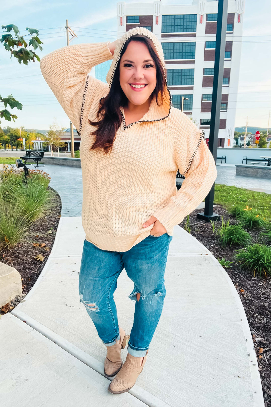 The Perfect Day Oatmeal Notched Neck Contrast Stitch Knit Hoodie | Nikki & Co. Boutique