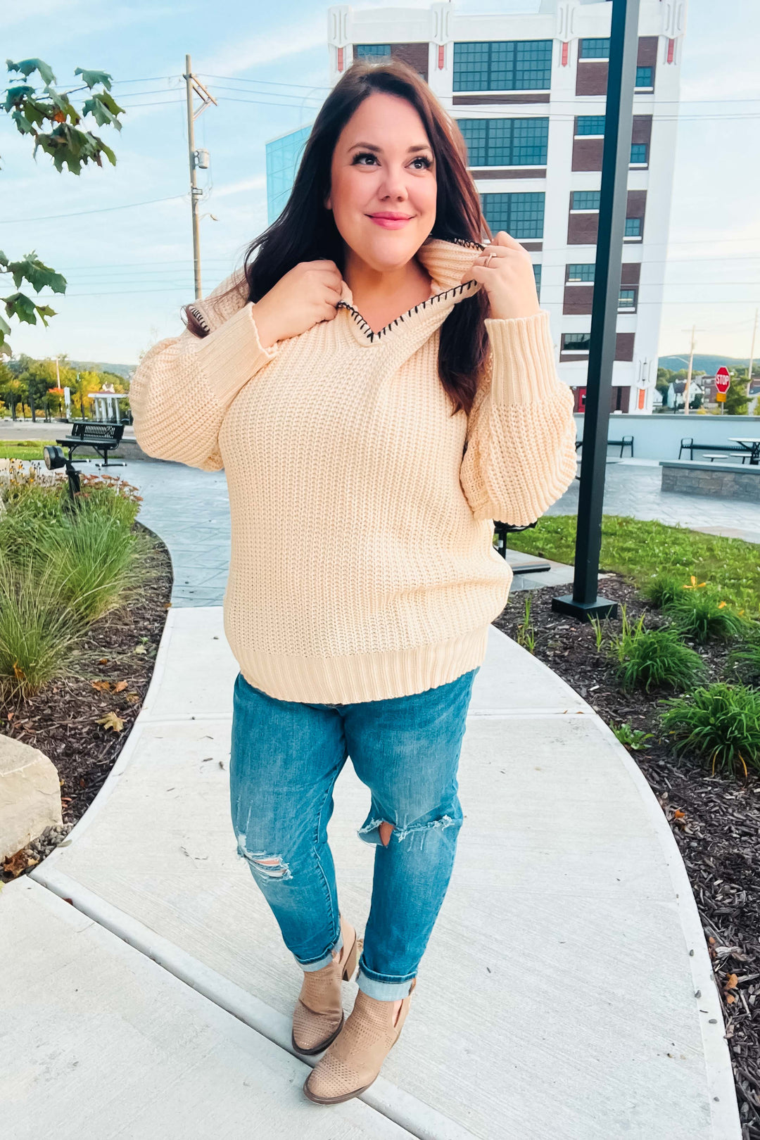 The Perfect Day Oatmeal Notched Neck Contrast Stitch Knit Hoodie | Nikki &amp; Co. Boutique