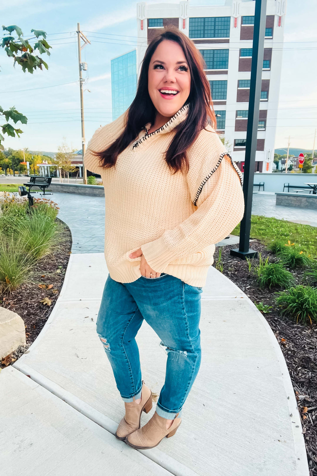 The Perfect Day Oatmeal Notched Neck Contrast Stitch Knit Hoodie | Nikki &amp; Co. Boutique