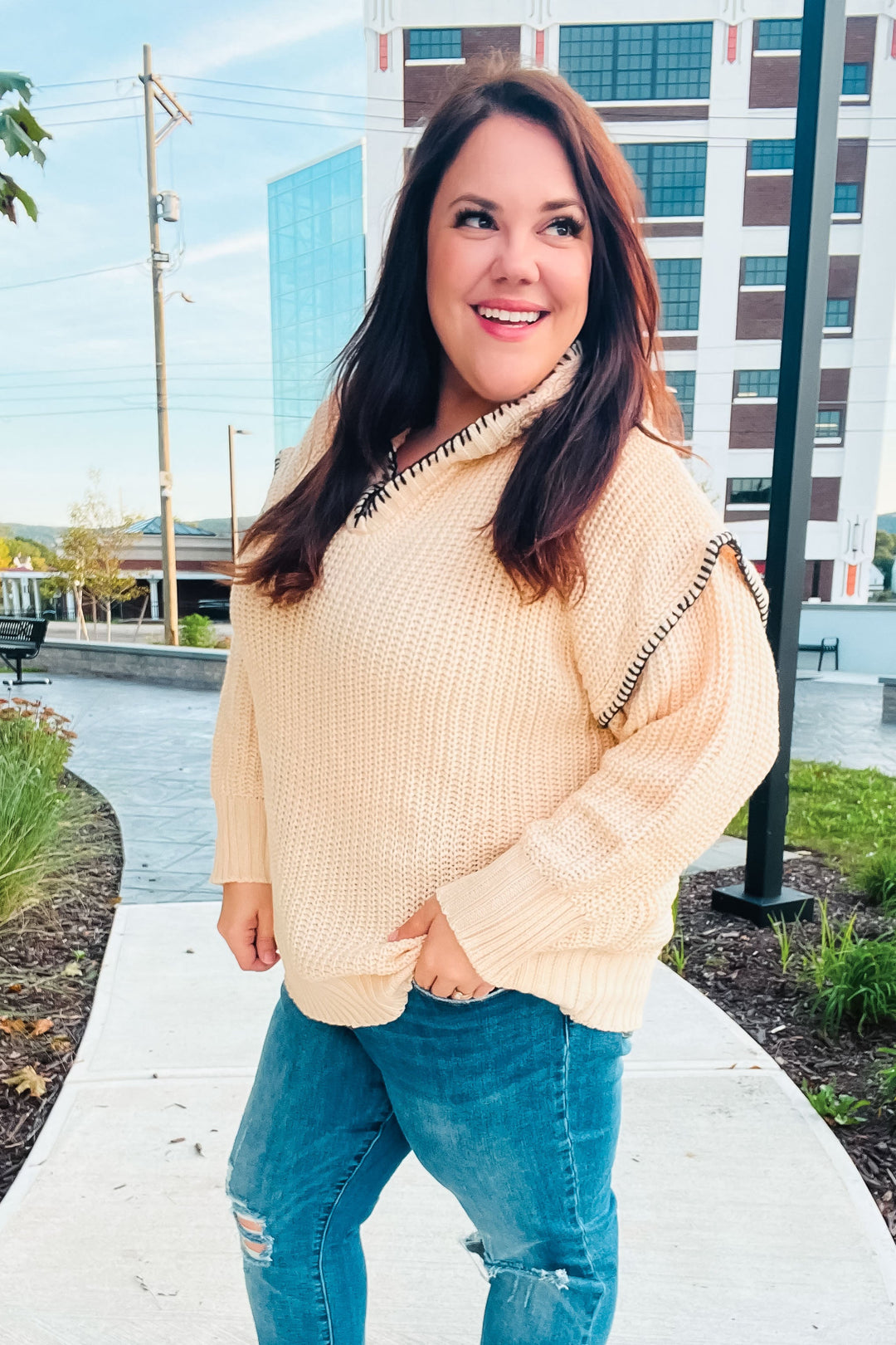 The Perfect Day Oatmeal Notched Neck Contrast Stitch Knit Hoodie | Nikki &amp; Co. Boutique