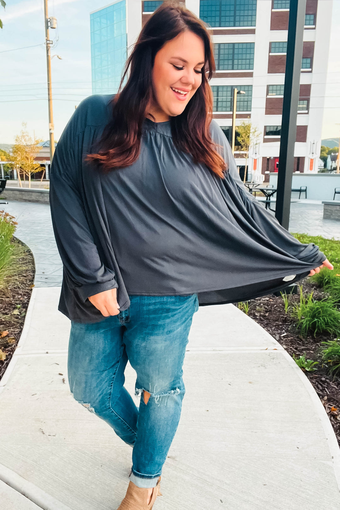 Casual Chic Charcoal V Neck Yoke Modal Knit Top | Nikki &amp; Co. Boutique