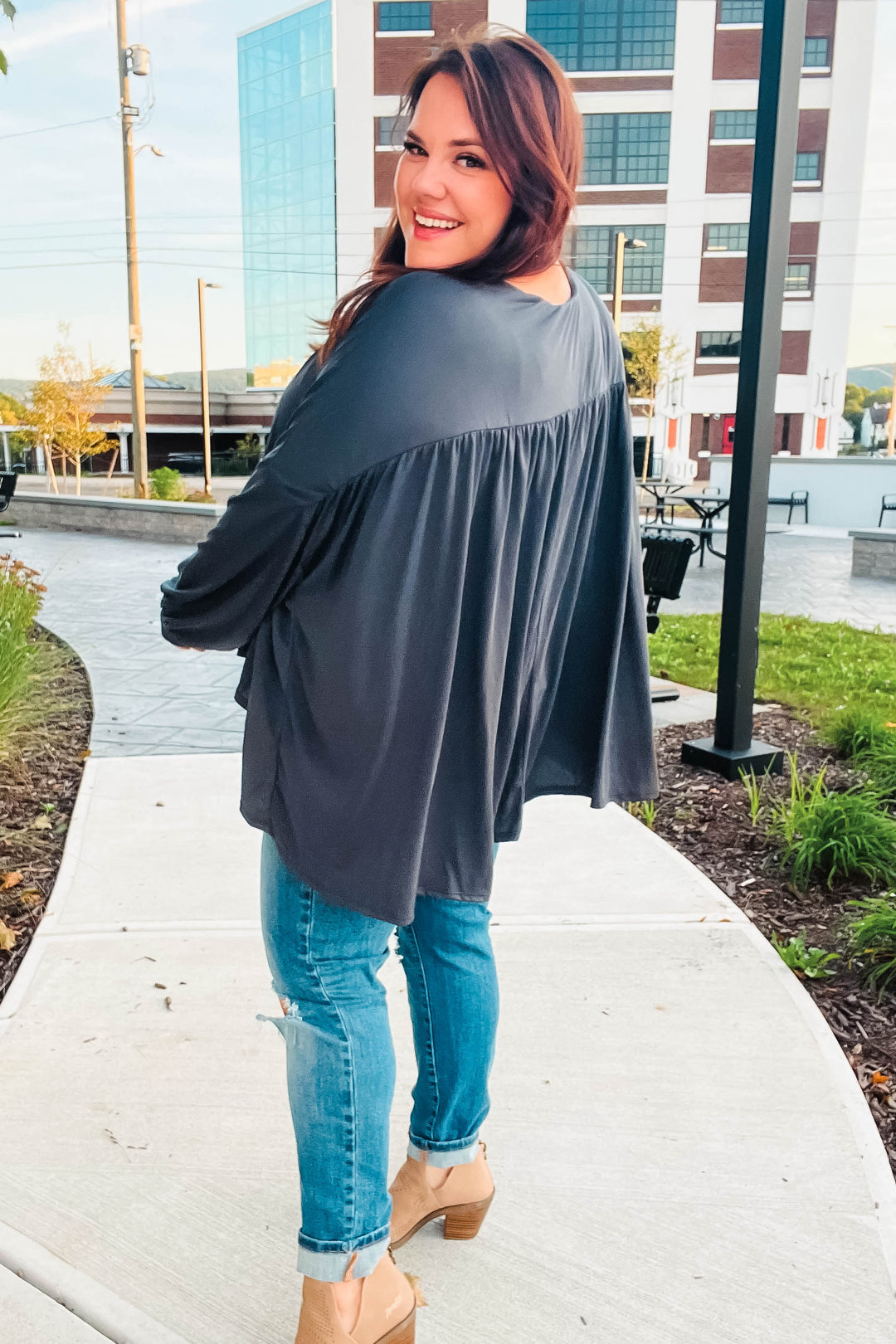 Casual Chic Charcoal V Neck Yoke Modal Knit Top | Nikki &amp; Co. Boutique