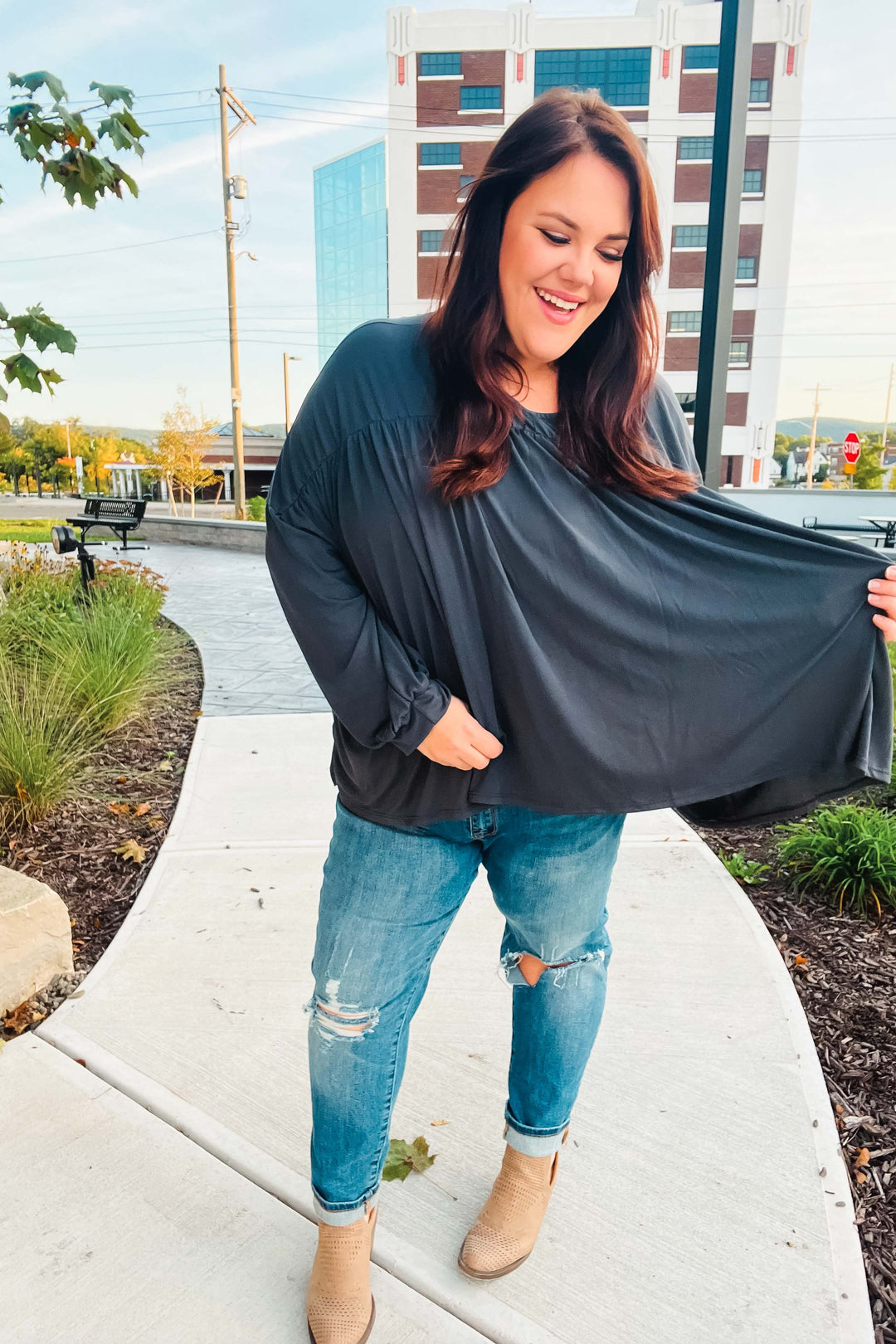 Casual Chic Charcoal V Neck Yoke Modal Knit Top | Nikki &amp; Co. Boutique