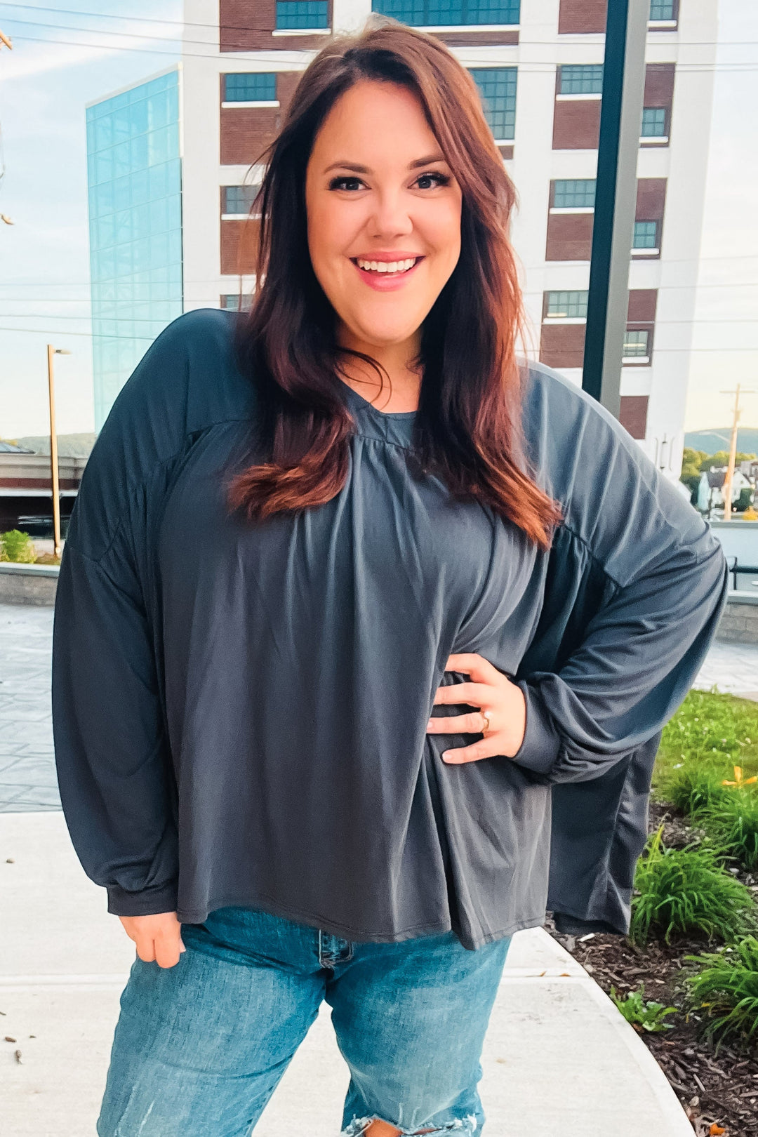 Casual Chic Charcoal V Neck Yoke Modal Knit Top | Nikki & Co. Boutique