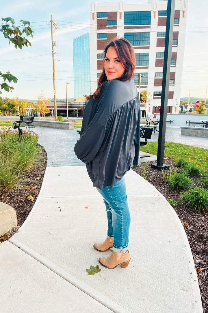 Casual Chic Charcoal V Neck Yoke Modal Knit Top | Nikki &amp; Co. Boutique