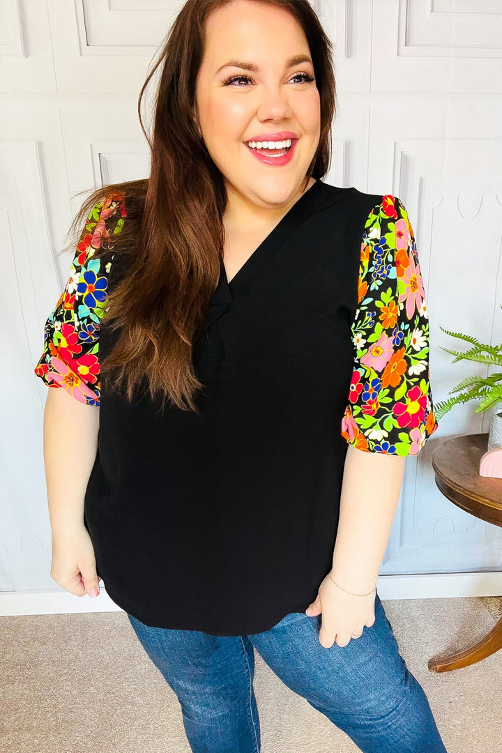 Eyes On You Black Floral Puff Sleeve V Neck Tops | Nikki &amp; Co. Boutique