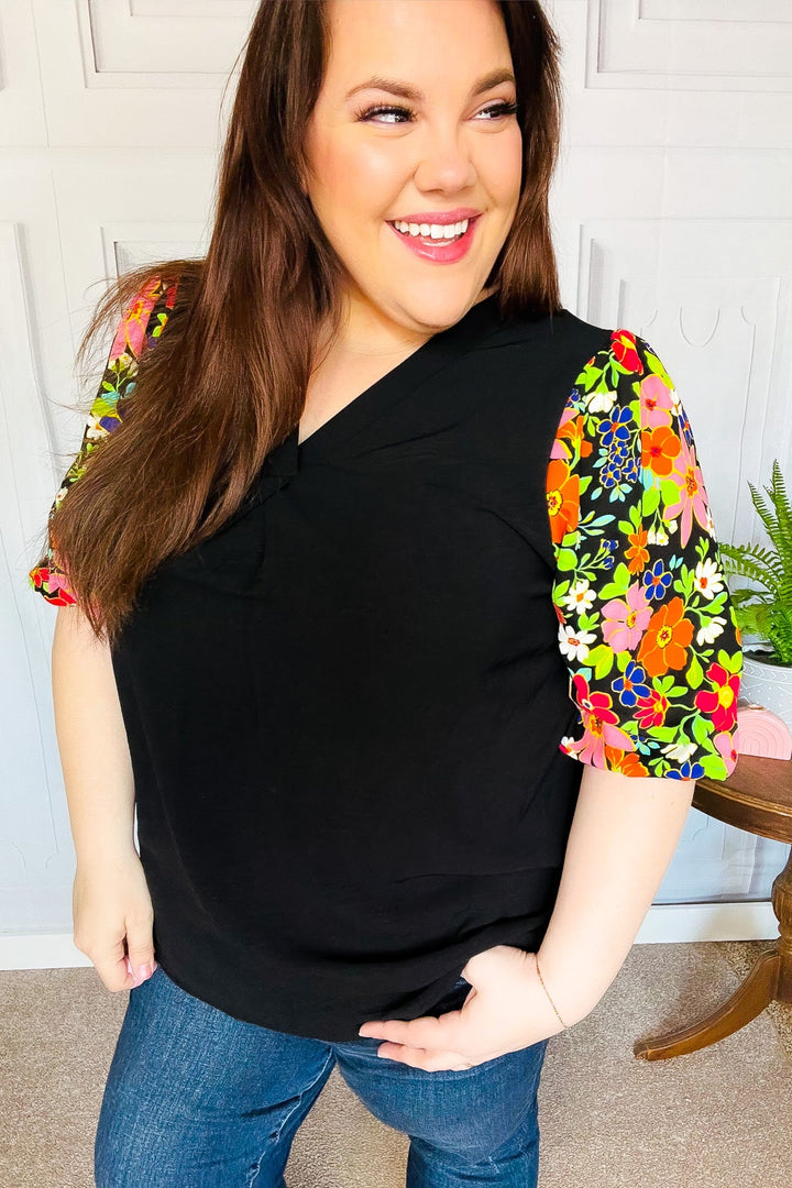 Eyes On You Black Floral Puff Sleeve V Neck Tops | Nikki &amp; Co. Boutique