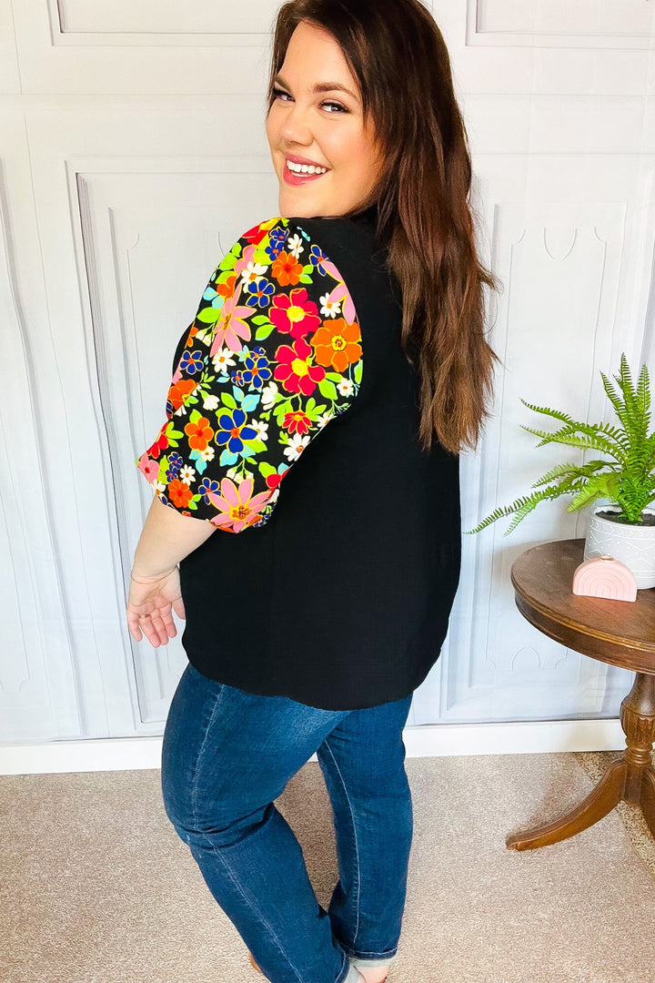Eyes On You Black Floral Puff Sleeve V Neck Tops | Nikki &amp; Co. Boutique