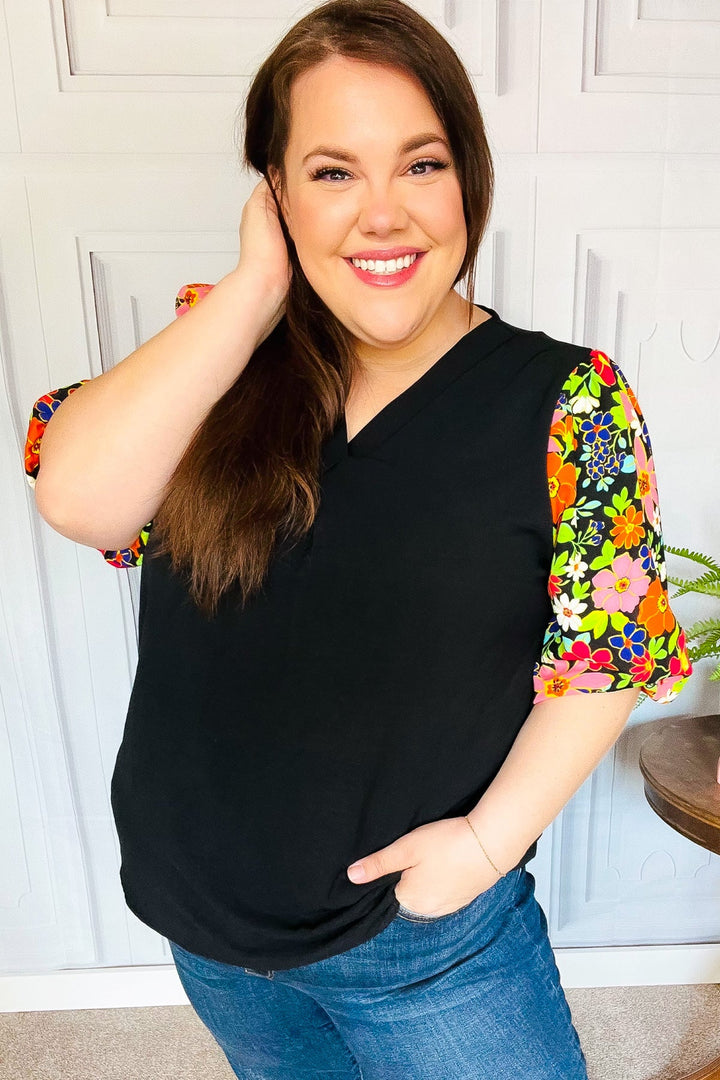 Eyes On You Black Floral Puff Sleeve V Neck Tops | Nikki &amp; Co. Boutique