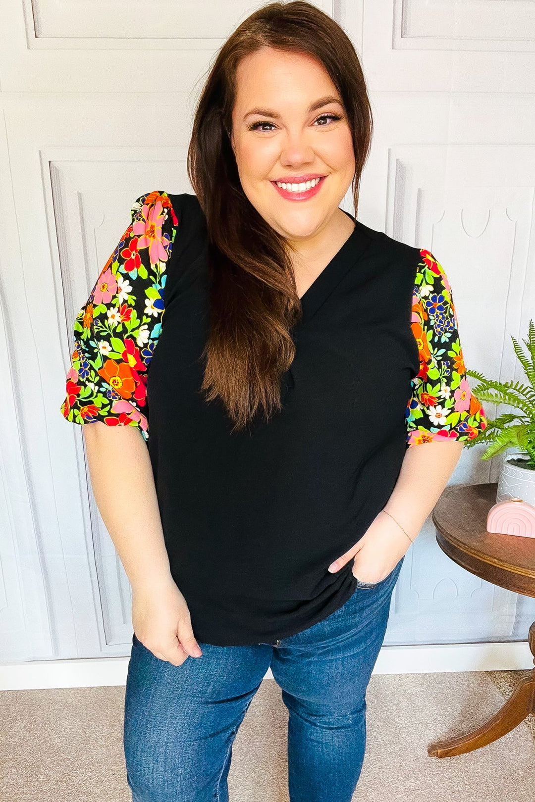 Eyes On You Black Floral Puff Sleeve V Neck Tops | Nikki &amp; Co. Boutique