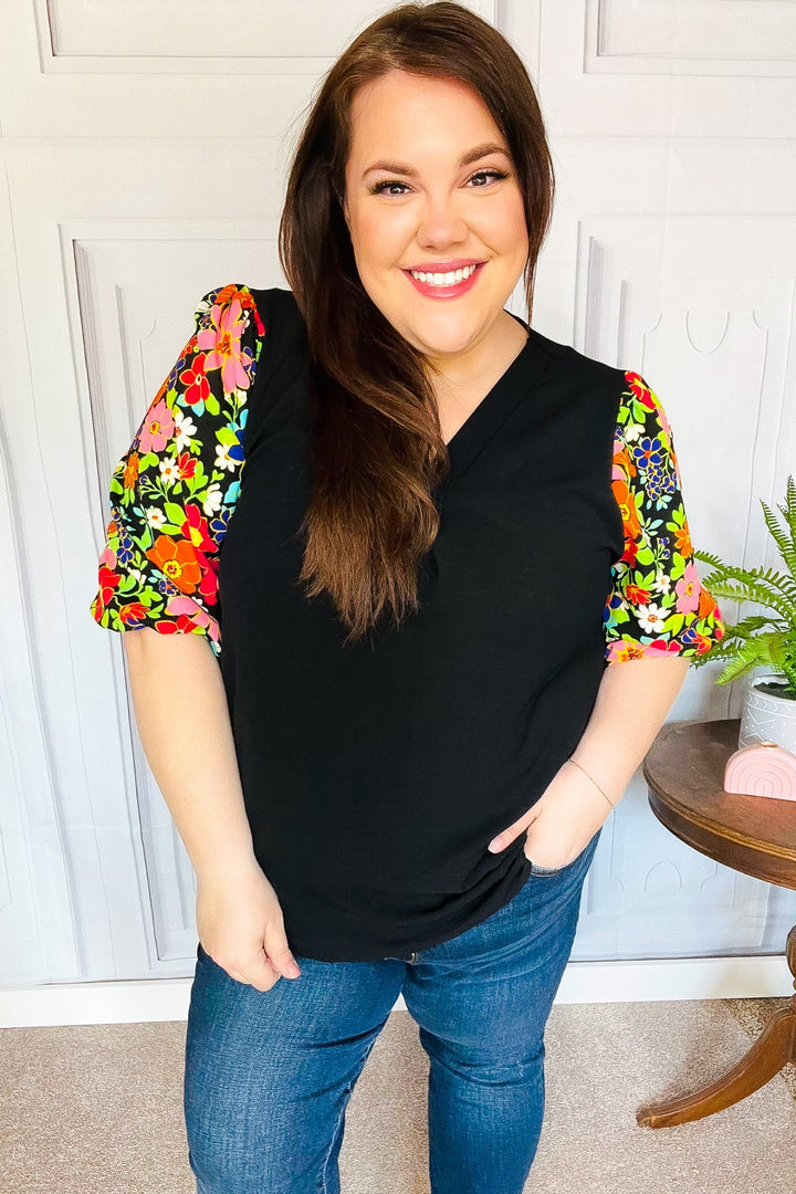 Eyes On You Black Floral Puff Sleeve V Neck Tops | Nikki &amp; Co. Boutique