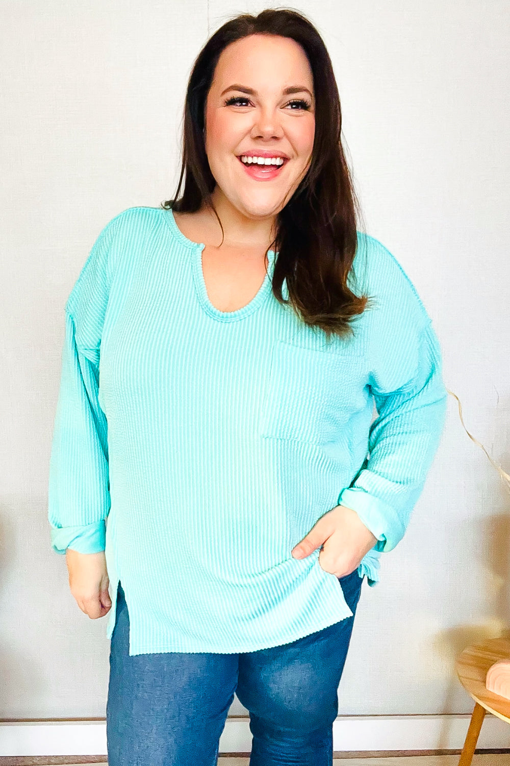 Eyes On You Seafoam Mineral Wash Rib Notch Neck Pocket Top | Nikki & Co. Boutique