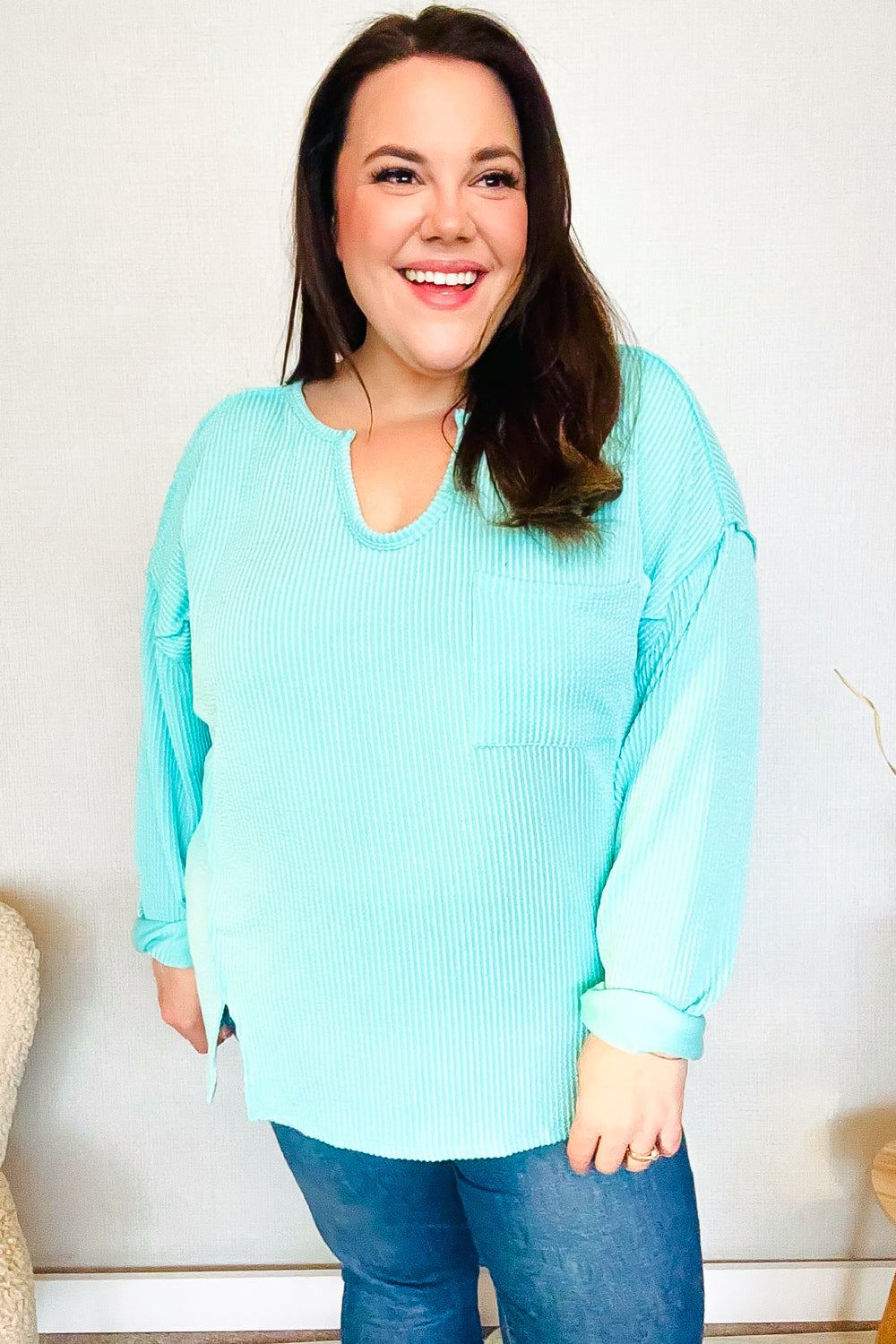 Eyes On You Seafoam Mineral Wash Rib Notch Neck Pocket Top | Nikki &amp; Co. Boutique