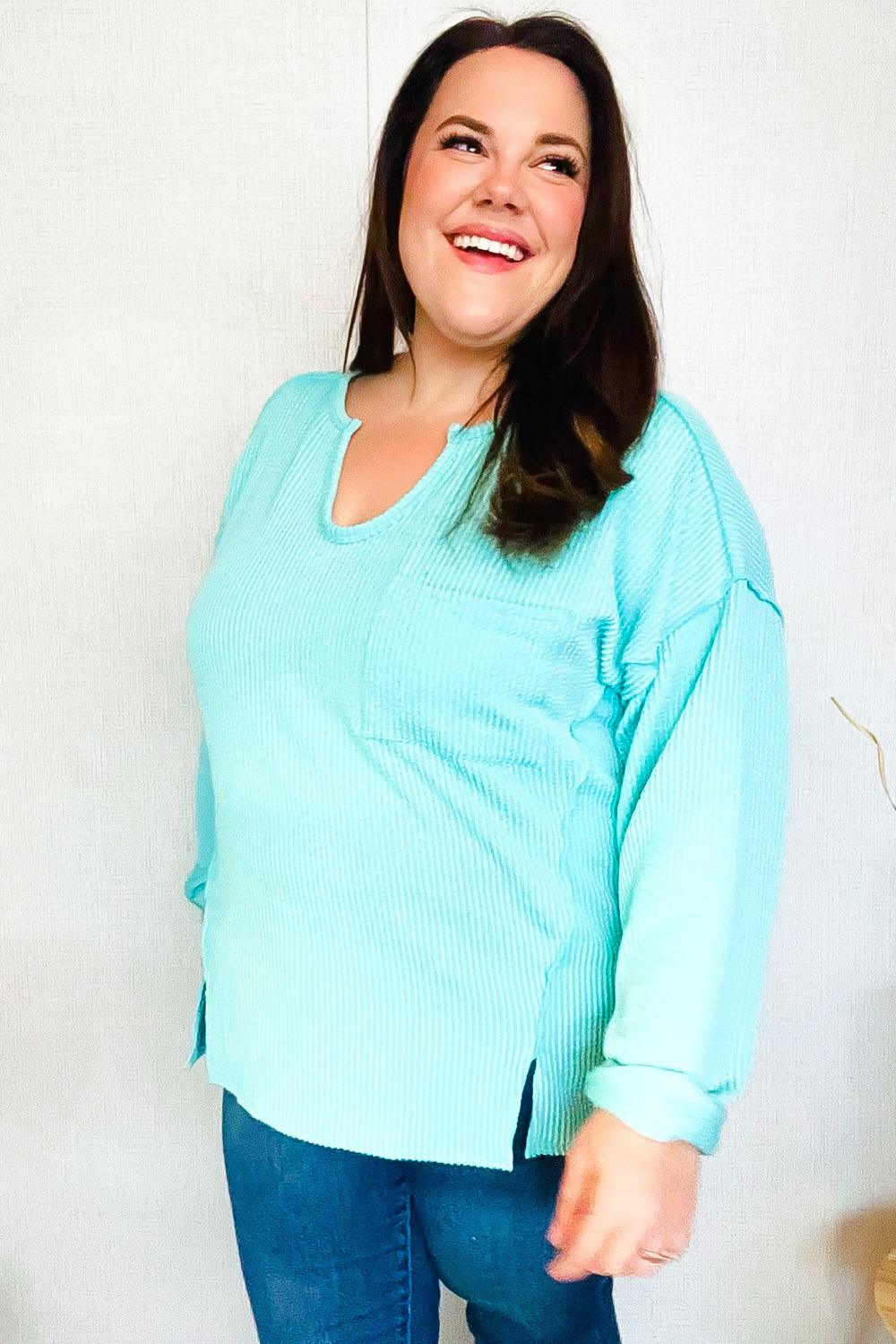 Eyes On You Seafoam Mineral Wash Rib Notch Neck Pocket Top | Nikki &amp; Co. Boutique