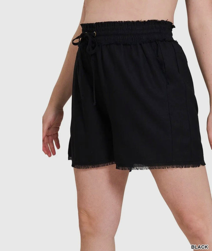Linen Blend Elastic Waist and Drawstring Layered Frayed Hem Plus Sized Shorts (NP) - 3 Colors | Nikki &amp; Co. Boutique