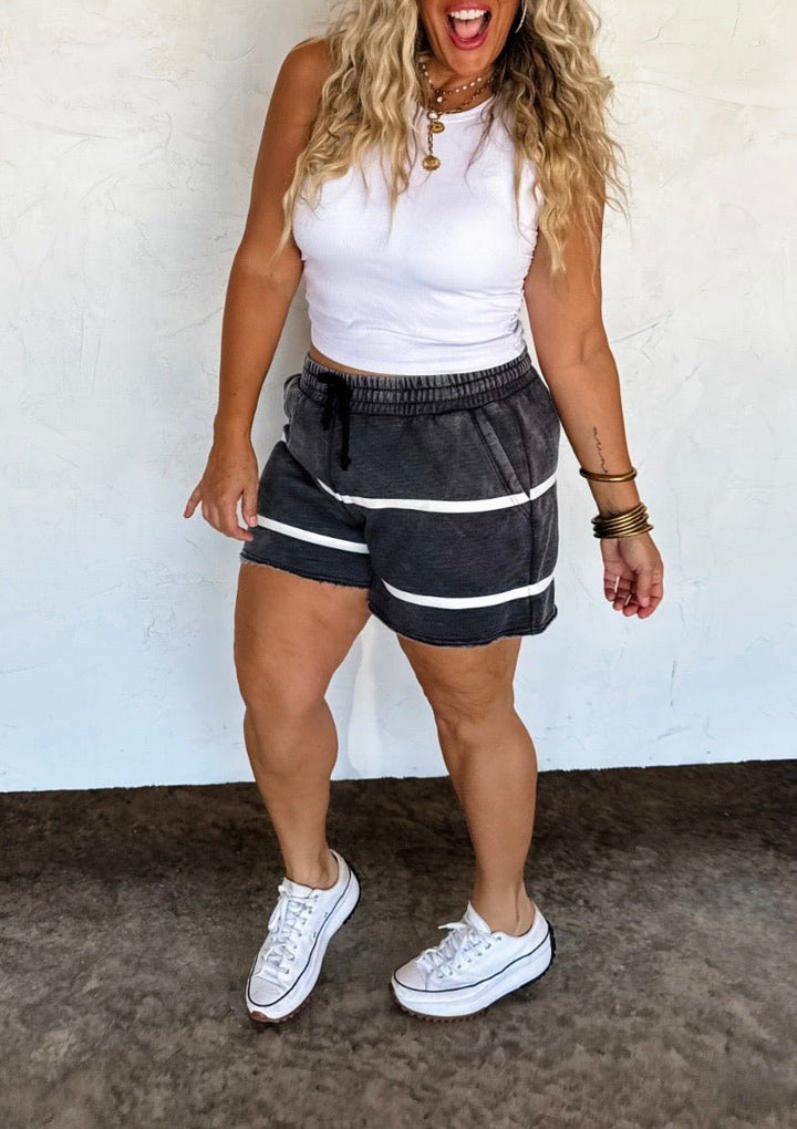 Mineral Wash Shorts with Stripes (NP) - 2 Colors  Plus | Nikki &amp; Co. Boutique